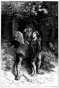 Illustrasjon av Emile Bayard for romanen av Hector Malot “” Sans Famille “”: Remi synger med Monsieur Vitalis, omreisende artist - gatemusiker, saltimbank - Edition Hetzel 1880 - av Emile Antoine Bayard