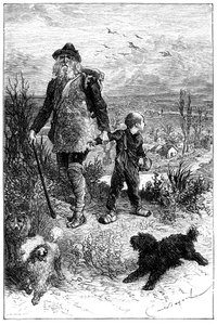 Illustrasjon av Emile Bayard for romanen av Hector Malot “” Without Family “”: Remi drar sammen med Monsieur Vitalis, reisende kunstner og hans lærde dyr de tre hundene Capi, Zerbino og Dolce - Edition Hetzel 1880 - av Emile Antoine Bayard
