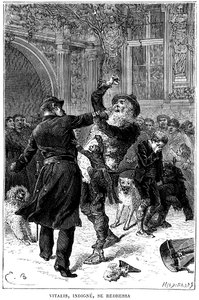 Illustrasjon av Emile Bayard for Hector Malots roman "" Sans Famille ": i Toulouse blir Monsieur Vitalis, uverdig, arrestert av en politimann foran Remi og vennene hans, de lærde dyrene i troppen: Joli-Coeur (pent hjerte ), apen en av Emile Antoine Bayard
