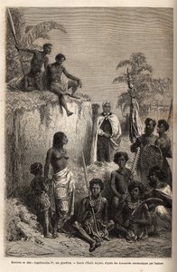 Kamehameha I (ca. 1758-1819), konge av Hawaii-øyene og grunnlegger av deres enhet, omringet hawaiiske krigere og noen undersåtter i Honolulu, gravert etter tegningen av Emile Bayard, som illustrerer reisen til Sandwichøyene, i 1855-69 , av C av Emile Antoine Bayard