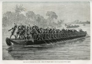 Stor kano av Arouhouimi, lastet med 40 stående padlere og tjue krigere i våpen, på Livingstone-elven (Kongo), tegnet av Emile Bayard, for å illustrere historien "Gjennom det mystiske kontinentet", en reise foretatt mellom 1874-1877, av Sir H.M. av Emile Antoine Bayard