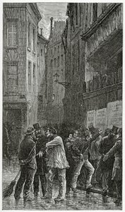 Les Affiches - illustrasjon fra A Crime Story, 1800-tallet (bw-gravering) av Emile Antoine Bayard
