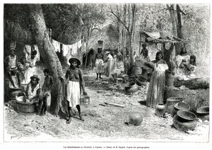 Les blanchisseuses au Chorillo, Panama, gravering etter en tegning av E.Bayard, for å illustrere historien Exploration at the isthms of Panama and Darien, av A. Reclus, skipsløytnant, fra 1876 til 1878, publisert i tour du monde, under ledelse av Emile Antoine Bayard