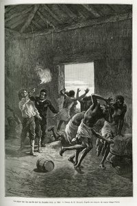 Major Serpa Pinto skjøt mot landsbyhøvdingen eller stoppet fordi han krevde enda mer konjakk i bytte for gjestfriheten. Gravering av Emile Bayard, for å illustrere historien om hvordan jeg har krysset Afrika, fra Atlanterhavet til Det indiske hav, av Majo av Emile Antoine Bayard