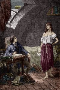 Marius og Eponine, eldre datter av Thenardiers og forelsket i Marius Illustrasjon av romanen "Les Miserables" av Victor Hugo (1802-1885) Illustrasjon av Emile Bayard - (Eponine Thenardier (Jondrette-jente) og Marius) Gravering Privat samling