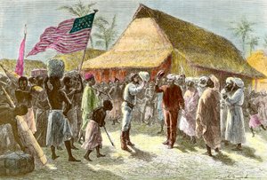 Møte i Ujiji ved bredden av Tanganyikasjøen mellom Henry Morton, en eksploder og journalist fra Wales (1841-1904) og David Livingstone, en skotsk misjonærfarer på det afrikanske kontinentet (1813-1873), 10. november av Emile Antoine Bayard