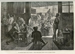 Mor Careys drukkenskapssalmesangere samlet seg ved inngangen til en whiskybar i Ohio for å bekjempe alkoholismens oppblomstring. Emile Bayards tegning for å illustrere historien La conquete blanche, av William Hepworth Dixon, i 1875, publisert i "Le tour d av Emile Antoine Bayard