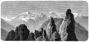 Fjelltopp kalt Pierre a Voir nær badene i Saxon i Valais, sveitsiske alper. Illustrasjon av Emile Bayard for Albert Dupaignes bok «Les Montagnes», utgave Mame 1881. av Emile Antoine Bayard