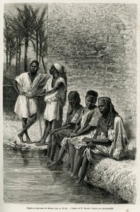 Negrer og negrer i Sahara, ved bredden av Oued Rihr. Gravering av E.Bayard, for å illustrere den algeriske Sahara, av V.Largeau, i 1874-1878, publisert i Tour du monde, under ledelse av Edouard Charton (1807-1890) av Emile Antoine Bayard