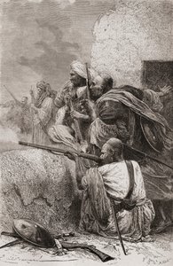 Nord-afghanske opprørere som kjemper mot britene i fjellene i Hazara, Pakistan, under britisk styre, 1878 av Emile Antoine Bayard