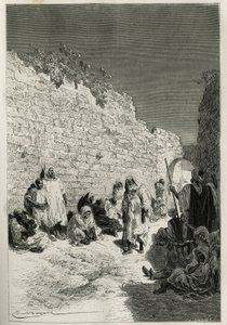 I påvente av audiensen til sultanen, en gruppe menn, kvinner, urbane, landlige, borgerlige og tiggere i gatene i Fes (Fez), gir sultanen en høring tre ganger i uken til alle som ber om det om en tjeneste eller oppnå rettferdighet , etset av Emile Bayard, t av Emile Antoine Bayard
