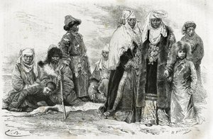 Fattige og rike kirgisiske kvinner. Gravering av Emile Bayard, for å illustrere reiseinntrykk fra Orenburg til Samarkand, av Marie de Ujfalvy-Bourdon, mellom 1876 og 1878, i Tour du monde, regissert av Edouard Charton av Emile Antoine Bayard