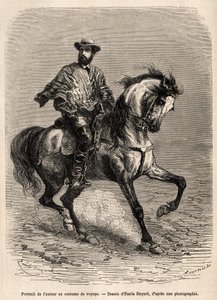 Portrett av forfatteren, på fjellet sitt, iført reisedrakten, gravert etter en tegning av Emile Bayard som illustrerer historien om ørkenen Acatama og Caracoles (Sør-Amerika), av ingeniør A.Bresson, i 1870-1874, publisert i " ”Le tour du monde av Emile Antoine Bayard