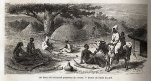 Forberedelse av elfenben, for en tyrkisk handelsmann, Uganda, tegning av Emile Bayard (1837-1891), som illustrerer kaptein Spekes oppdagelsesreise i Afrika fra 1860 til 1863. Gravering i “” Le tour du monde””, redigert av Edouard Charton av Emile Antoine Bayard