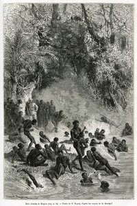 Sir Henri Morton Stanley (1841-1904) midt blant badegjestene i Karagoue-regionen (Kamerun), som stuper ned i det varme og medisinske vannbassenget i Mtagata-juvet, tegnet av Emile Bayard, for å illustrere historien «Gjennom det mystiske Kontinentet", a av Emile Antoine Bayard