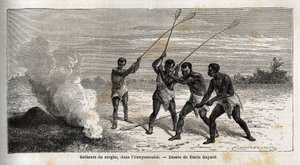 Sorghum-trommeslagere, i ounyamoezi (regionen ved de store innsjøer, Afrika), tegning av Emile Bayard (1837-1891), som illustrerer kaptein Spekes oppdagelsesreise i Afrika fra 1860 til 1863. Gravering i “” Le tour du monde””, redigert av Edouard Charton av Emile Antoine Bayard