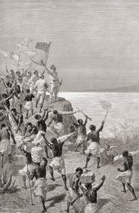 Stanley og hans ekspedisjons første observasjon av Tanganyika, Øst-Afrika, i 1872, illustrasjon fra 
