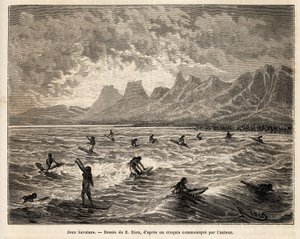 Surfing, praktiseringen av hawaiisk favorittspill, her av kvinner, i balanse, stående eller sittende, på brettet, på bølgene på Kreta, som bringer dem tilbake til stranden, gravering etter Emile Bayards tegning, illustrerer reisen til Sandwich Øyer av Emile Antoine Bayard