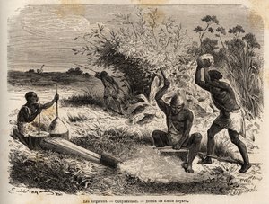 Smedene, i ounyamoezi (de store innsjøene, Afrika), tegning av Emile Bayard (1837-1891), som illustrerer oppdagelsesreisen i Afrika, fra 1860 til 1863 til kaptein Speke. Gravering i "" Le tour du monde"", redigert av Edouard Charton av Emile Antoine Bayard
