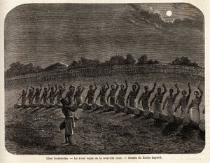 Seremonien av trommene for oppgangen av nymånen, i spissen for stammen Rumanika, i Karague (vest for Victoriasjøen, i dagens Zimbabwe), tegning av Emile Bayard (1837-1891), som illustrerer kaptein Spekes reise funnet i Afrika fra 186 av Emile Antoine Bayard