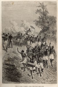 Kortegen til Cassemmbes kone går foran Livingstone som hilser henne, gravert etter en tegning av Emile Bayard, som illustrerer David Livingstones siste dagbok (1813-1873), i 1866-1873, publisert i "" Le tour du monde"" 1875, redigert av Edouard Charton, av Emile Antoine Bayard