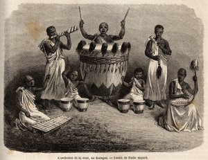 Hoforkesteret, i Karague (vest for Victoriasjøen, dagens Zimbabwe), tegning av Emile Bayard (1837-1891), som illustrerer kaptein Spekes oppdagelsesreise i Afrika fra 1860 til 1863. Gravering i «» Le tour du monde ””, redigert av Edouard Char av Emile Antoine Bayard