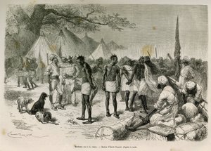 De frekke bærerne av ekspedisjonen satt i kjeden, tegning av Emile Bayard, for å illustrere historien: Across Africa, from Zanzibar (Tanzania) til Benguela (Angola), fra 1872 til 1876, av løytnant V.H.Cameron. Gravering i Le tour du monde av Emile Antoine Bayard