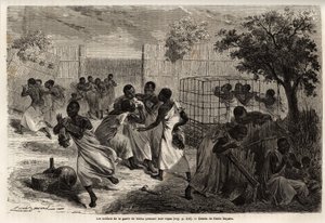 Måltidet til soldatene til vaktholdet til kongen av Uganda, M'Tesa, tegning av Emile Bayard (1837-1891), som illustrerer kaptein Spekes oppdagelsesreise i Afrika fra 1860 til 1863. Gravering i "" Le tour du monde" ”, redigert av Edouard  av Emile Antoine Bayard