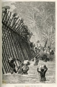 Passasjen av elven Lovoi (eller djevelens elv) (Katanga-regionen, Kongo) av ekspedisjonen, tegning av Emile Bayard, for å illustrere reisen gjennom Afrika, fra Zanzibar (Tanzania) til Benguela (Angola), fra 1873 til 1876 , av den britiske sjefen V.L. av Emile Antoine Bayard