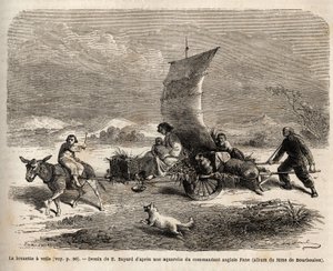 Seiltrillebåren, bevegelsessystem brukt i Nord-Kina, tegning av E.Bayard, illustrerer reisen fra Shanghai til Moskva av Emile Antoine Bayard