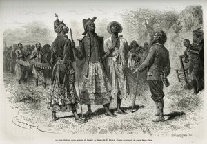 De tre ledere (eller sovas), Princes av Dombe (Angola), og deres suite av musikere og courtier, kommer til å møte den oppdag S.Pinto. Gravering av Emile Bayard, for å illustrere historien hvordan jeg har krysset Afrika, fra Atlanterhavet til det indiske av Emile Antoine Bayard