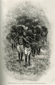 En gruppe unge jenter som bærer kurver fylt med mat for forsyning av S.Pinto og hans menn. Gravering av Emile Bayard, for å illustrere historien om hvordan jeg har krysset Afrika, fra Atlanterhavet til Det indiske hav, av major Serpa Pinto, i 1877-1878, pu av Emile Antoine Bayard