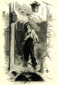 Victor Hugo: Les Miserables. Gavroche, gutt fra Paris. Illustrasjon av Emile Bayard.