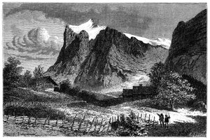 Utsikt over de sveitsiske alpene. Illustrasjon av Emile Bayard for boken Les Montagnes d