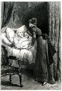 Ung kvinne som tar seg av en gammel mann som dør i sengen sin under et krusifiks som henger fra veggen. Den døende mannen holder sine siste anbefalinger (vilje) for hånd. Gravering av Emile Bayard som illustrerer Jules Sandeaus bok "Mademoiselle de la Seig av Emile Antoine Bayard
