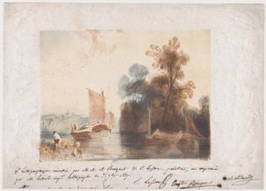 Landskap med elv og båter, 1837 av Emile Aubert Lessore
