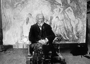 Paul Cezanne (1839-1906) fransk maler i 1904 foran et av lerretet hans som viser svømmere (s/hv-bilde)