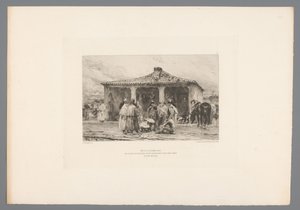 Gruppesoldat i en leir Metz 8. oktober 1870/ Bivuakk for isolerte kavalerisoldater på Place Saint Simon i Fort Moselle (tittel på objekt) Frankrike etsen uit 1875 (serietittel) Etsning i 1875 (serietittel) av Emile Boilvin
