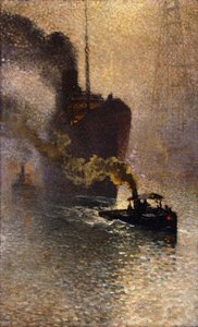 På slep på Themsen i tåken; Escorte sur la Tamise dans le Brouillard - Tatt på slep på Themsen, 1918 av Emile Claus