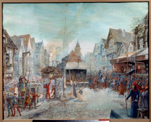 Hundreårskrig: "" Jeanne d'Arc (1412-1431) ledes på slakteren"" (Place du Vieux-Marche i Rouen). Maleri av Emile Deshays (1875-1946) 1901. Søn. 0,73x0,6 m Rouen, Musee des Beaux Arts OBS! Bruk av dette verket kan være underlagt en t av Emile Deshays