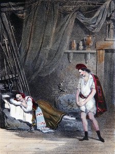Scene som skildrer den stumme jenta Fenella som sover i en hytte sammen med broren Masaniello: akt IV fra operaen 