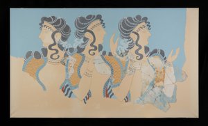 Maleri av de restaurerte damene i blå fresco fra Palace of Minos på Knossos (Evans Fresco Drawing O/7) av Emile Gilliéron