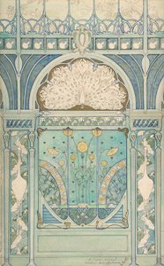 Design for en veggdekorasjon med påfugl, kraner og solsikker til restauranten..., 1896-98 av Emile Hurtré