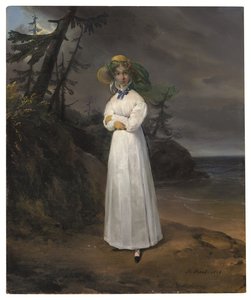 Portrett av enken Comtesse Jean-Henri-Louis Greffulhe i et landskap av Emile Jean Horace Vernet