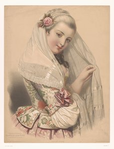 Gesluierde jonge vrouw met een roos in het haar Rose mousseuse (title on object) Studies van geselecteerde kunstenaars (series title) Études choisies (series title on object)   1332606   no       norwegian Successfully Translated  Original: Excursions Dagu