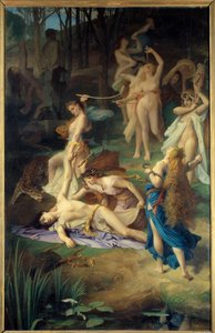 Orphees død. Bacchantene (eller Menades) lettet meg. Orphee strimlet den i biter. Maleri av Emile Levy (1826 - 1890)