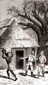 Oppdagelsesreisende og bærere foran en afrikansk hytte, 1887 (#39;etsning#39;) av Emile Mas