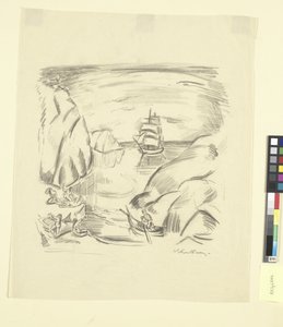 En havbukt med seilskute og badende kvinner av Emile Othon Friesz