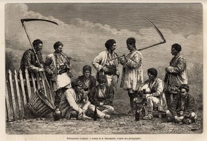 De bulgarske hogstmaskinene, i pausen, med sine falske og gjenstander av deres daglige arbeidskrevende: pipe, flaske vin og en slags biniou, gravering etter tegningen av E.Metzmacher, illustrerer reisen til Bulgaria, av Guillaume Lejean, i 18