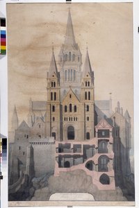 Gotisk arkitektur: fasade av kirken og kuttet av klosterhus. Tegning av det kommunale museet i Avranches (Manche)